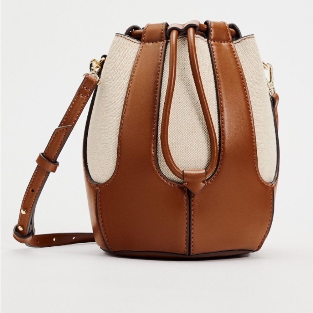 Zara combo bucket bag in dark tan and canvas